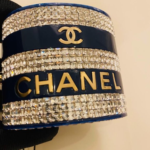 Chanel Navy Blue Crystal Studded Bracelet Cuff - Picture 7 of 12